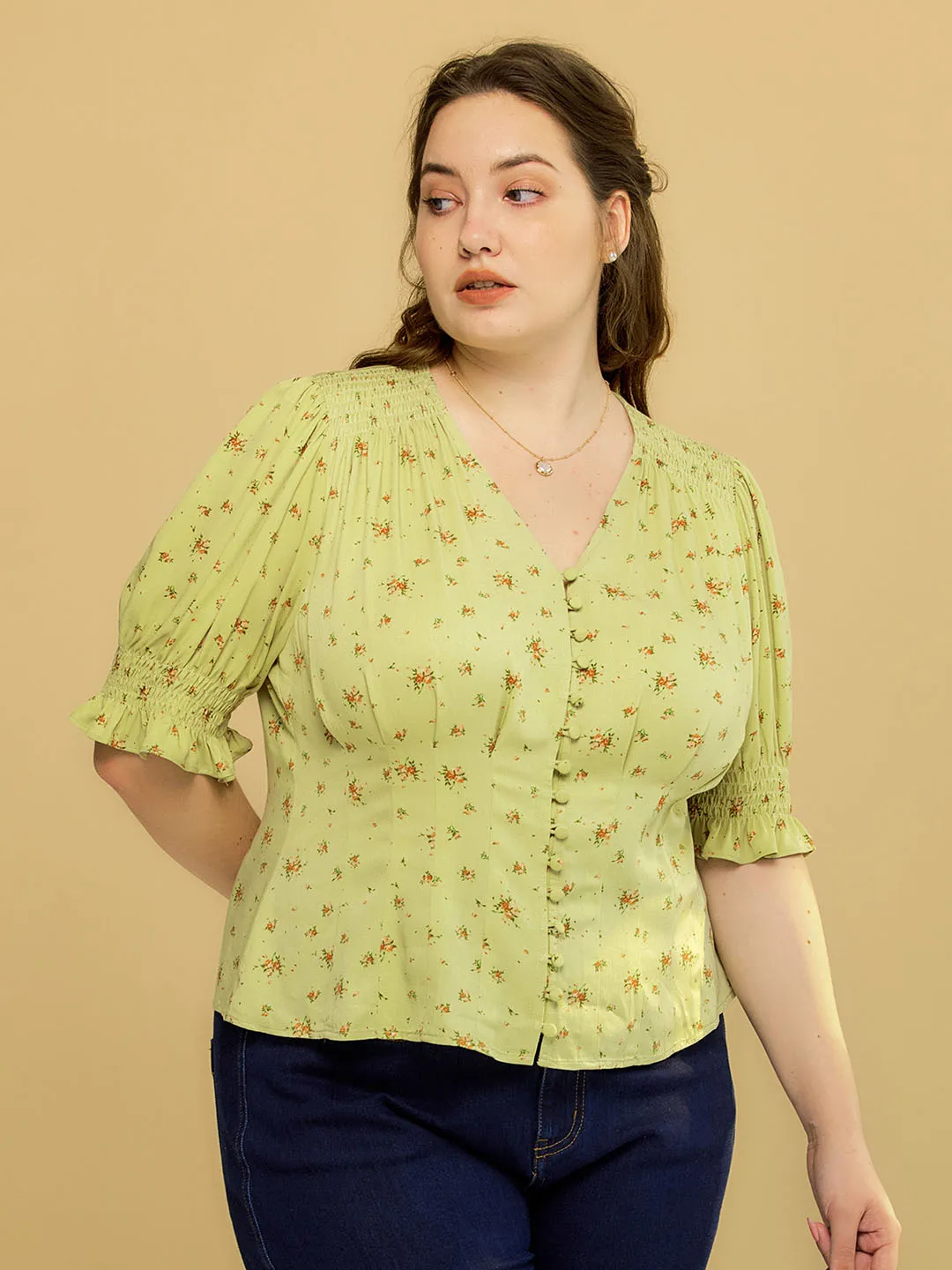 【Final Sale】Plus Size Rosalina V-Neck Puff Sleeve Shirt