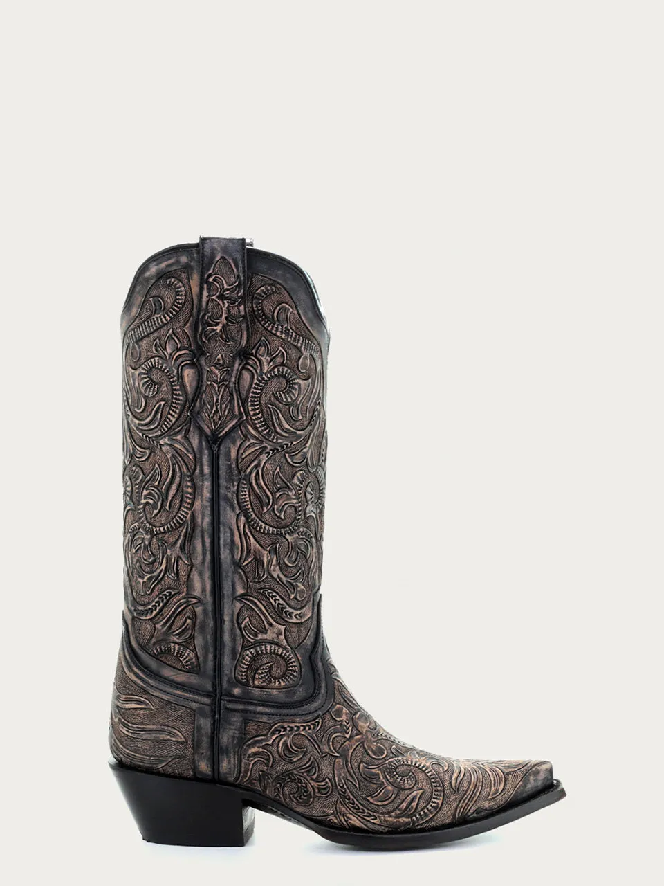 G1471 - WOMEN'S BLACK HANDTOOLED SNIP TOE COWBOY BOOT