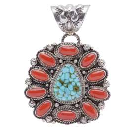 Handstamped Sterling Silver Cluster Pendant with Coral & Kingman Turquoise | Tyler Brown