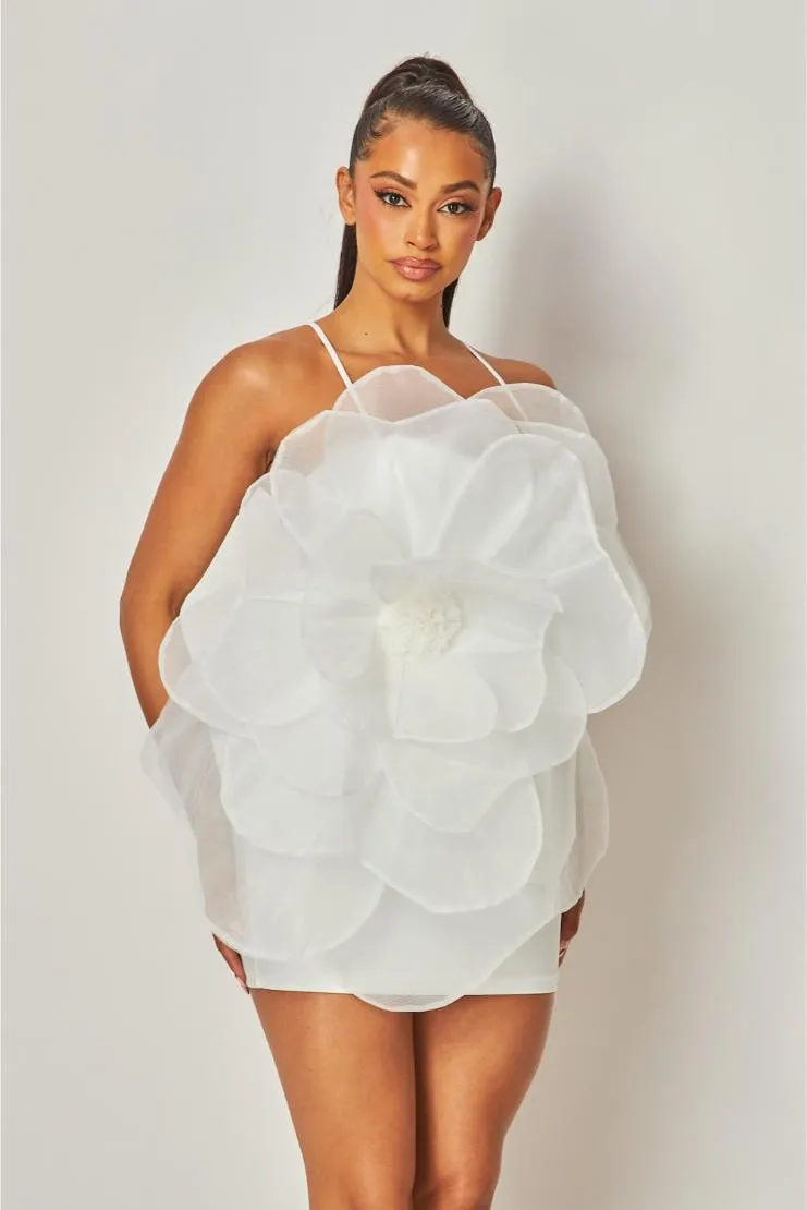 Madeline 3D Organza Flower Mini Dress - White