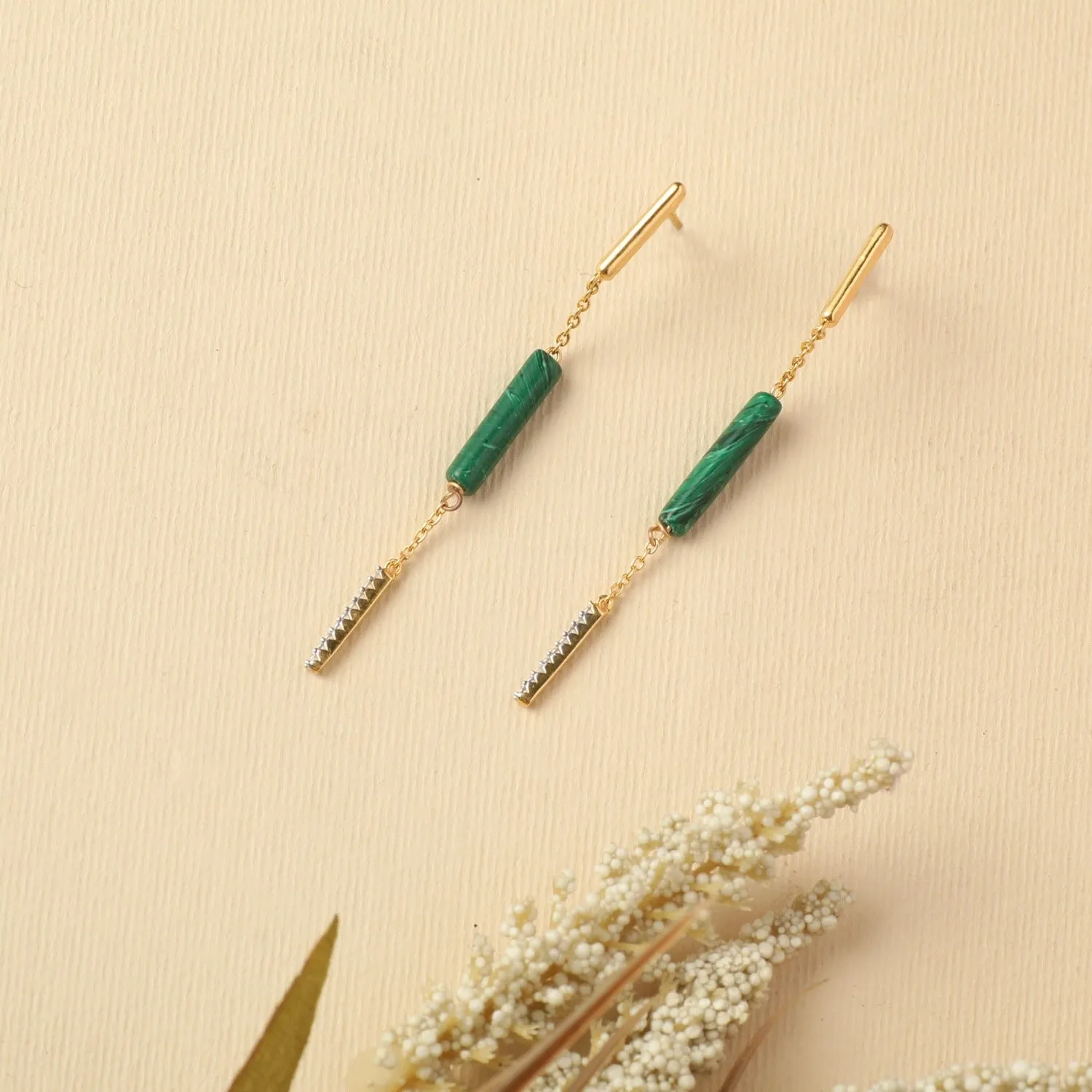 Malachite Bar Charm Silver Drop Earrings