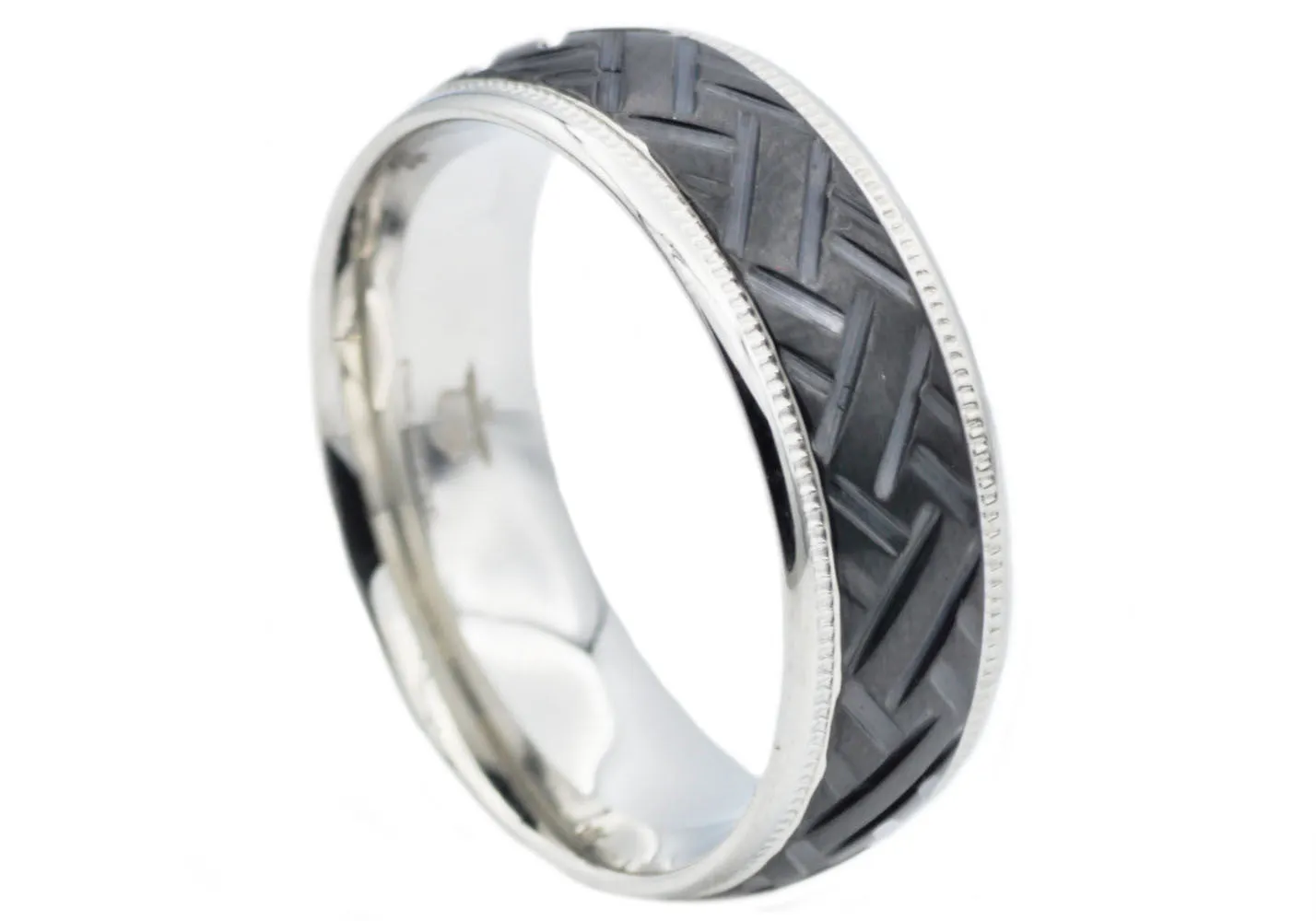 Mens 8mm Black Plated Stainless Steel Diamond Cut Band Ring