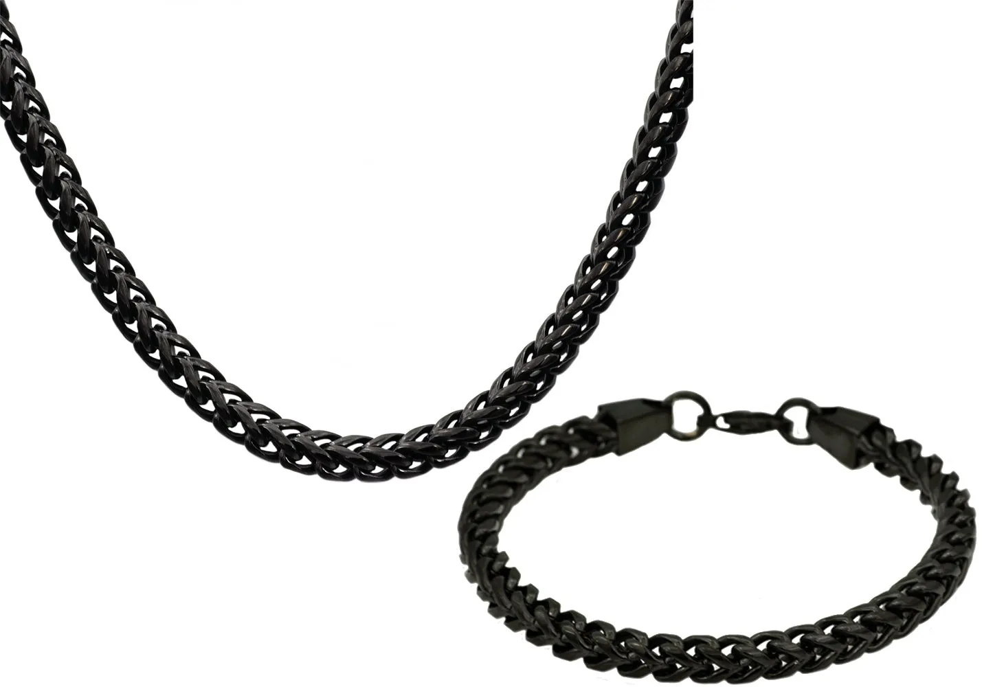 Mens 8mm Black Plated Stainless Steel Franco Link Chain Set