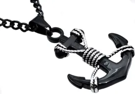 Mens Black Stainless Steel Anchor Pendant Necklace With Steel Rope