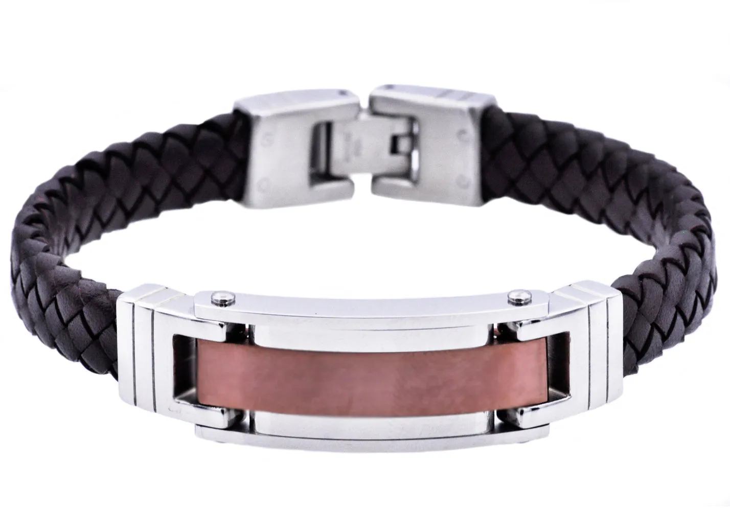 Mens Chocolate Stainless Steel Brown Leather Bracelet