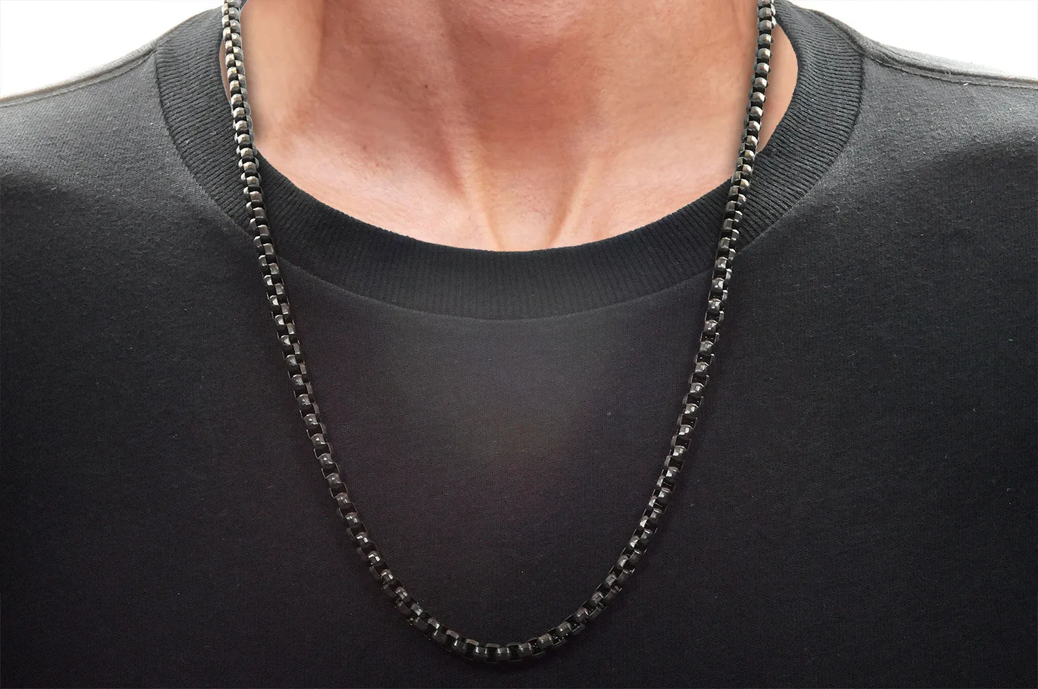 Mens Diamond Cut Black Stainless Steel Box Rolo Link Chain Necklace