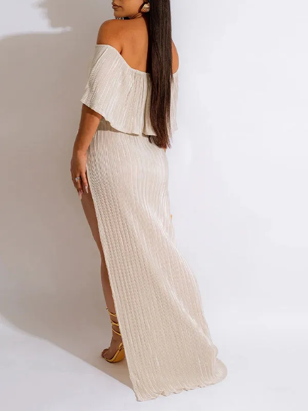 Momnfancy 2 Piece Off Shoulder High Side Slit Boho Flowy Summer Vacation Photoshoot Baby Shower Maternity Maxi Dress