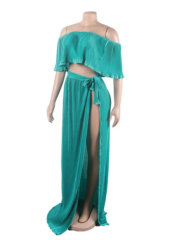 Momnfancy 2 Piece Off Shoulder High Side Slit Boho Flowy Summer Vacation Photoshoot Baby Shower Maternity Maxi Dress