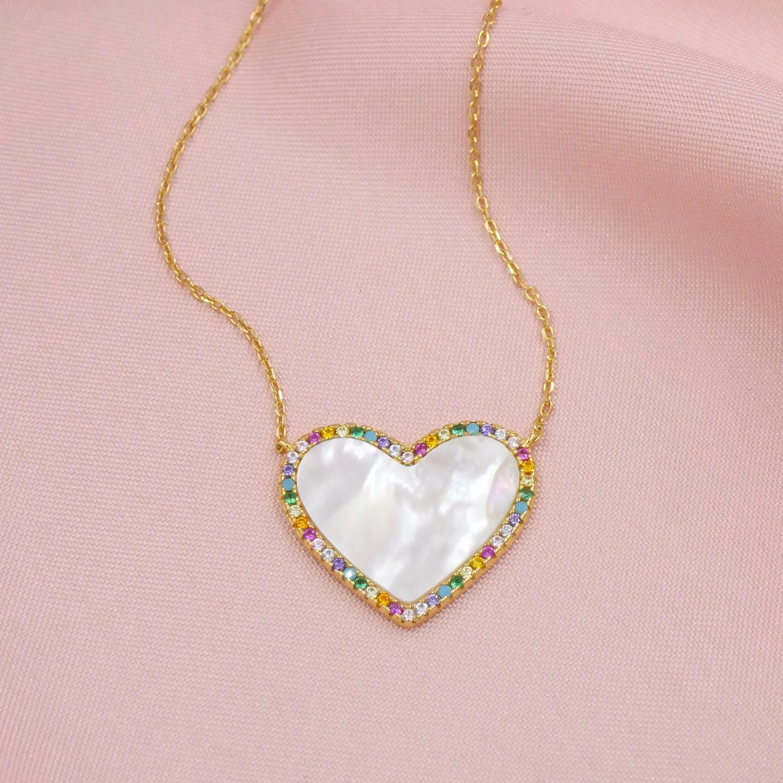 Mother of Pearl Heart Necklace with Rainbow Pave