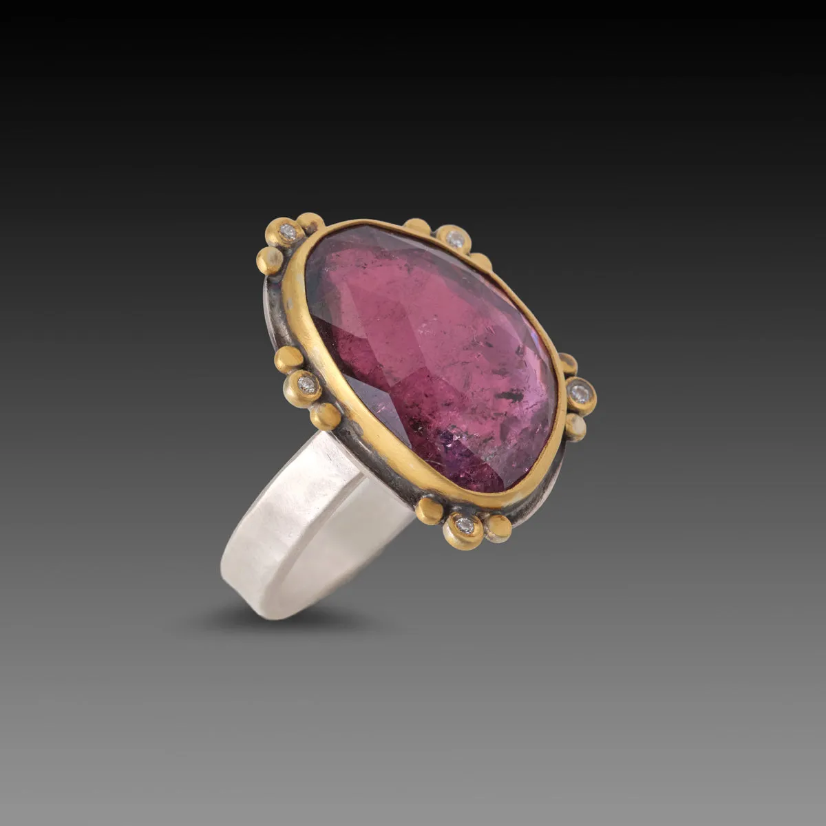 Rose Cut Pink Tourmaline Ring with Five Diamond Trios