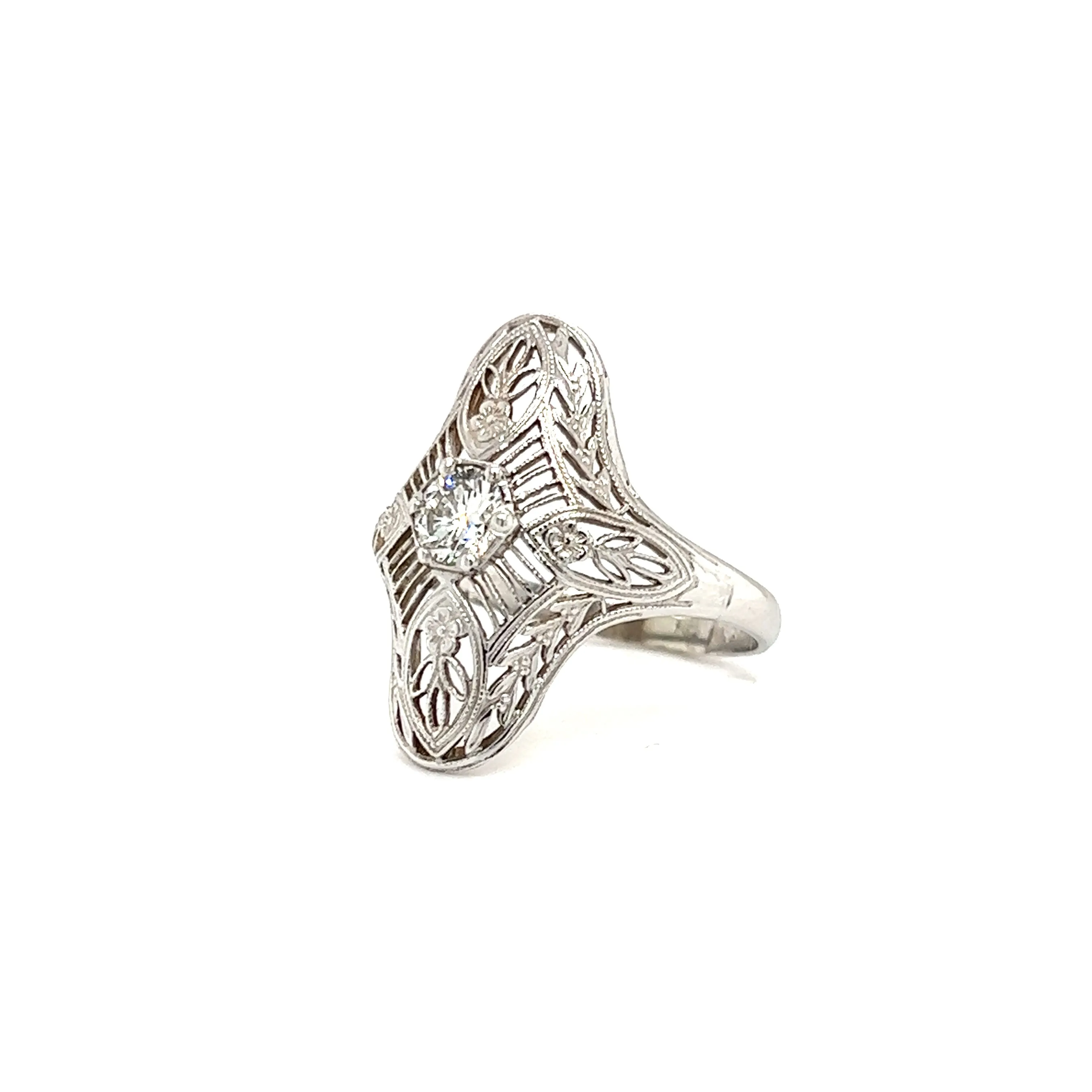 Round Diamond Ring with Filigree and Milgrain in 14K White Gold