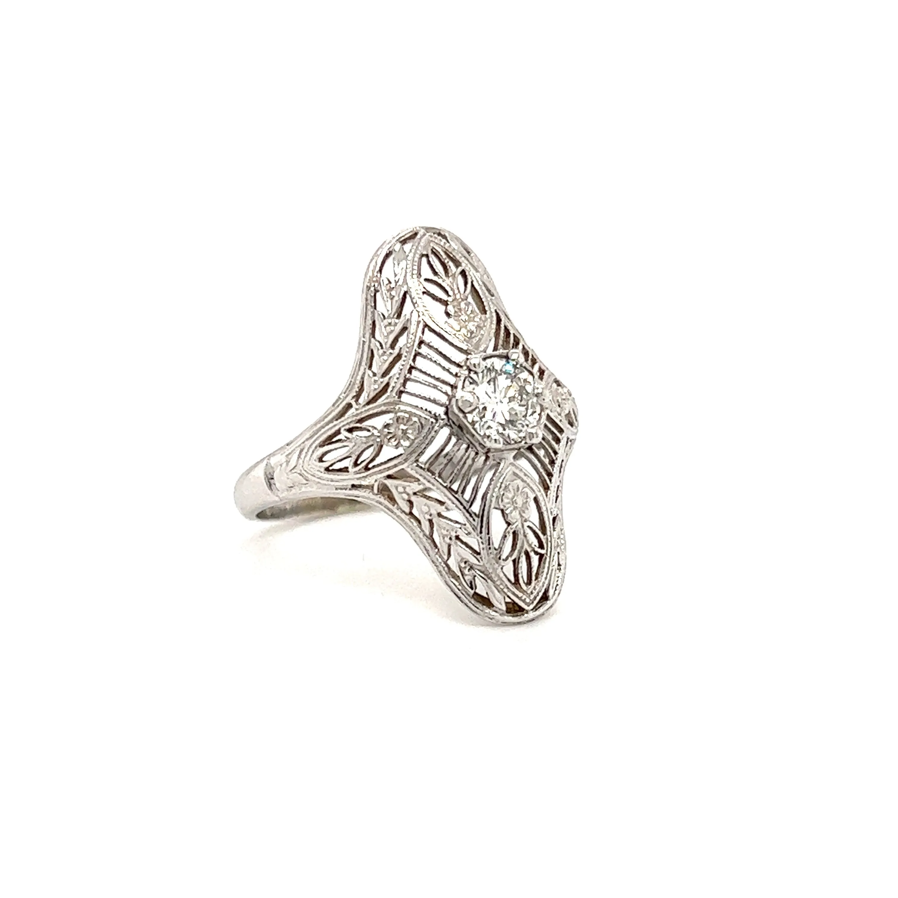 Round Diamond Ring with Filigree and Milgrain in 14K White Gold