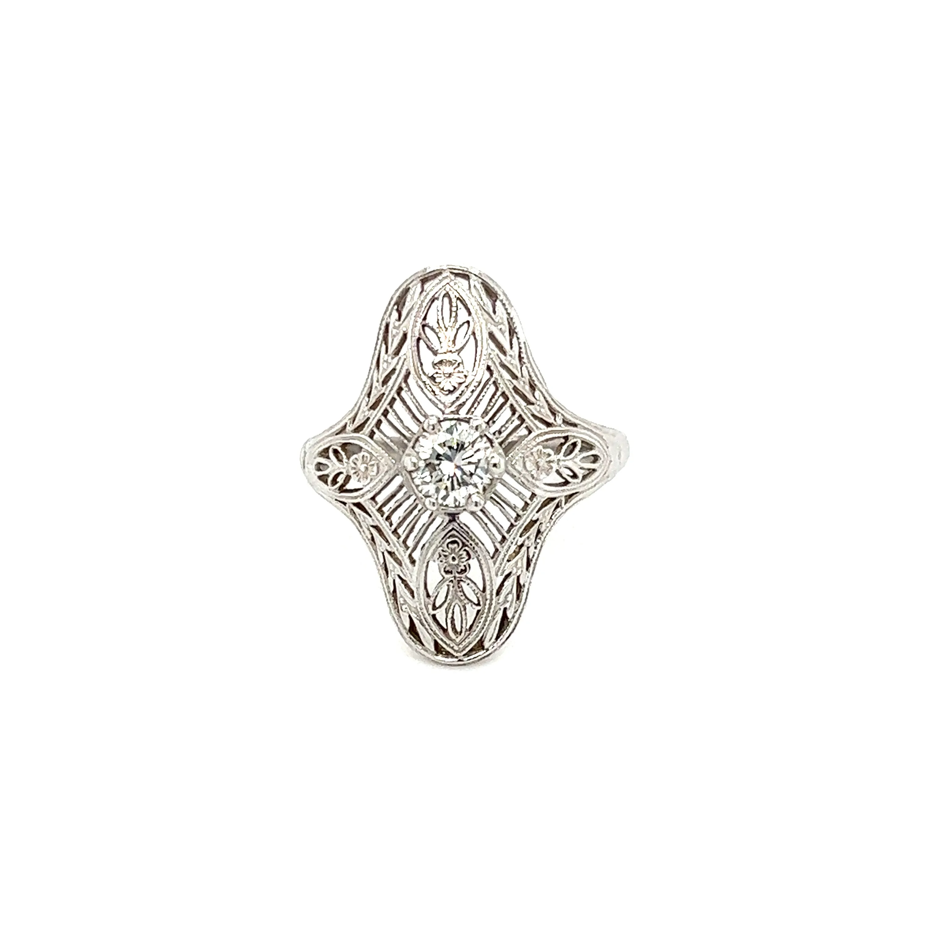 Round Diamond Ring with Filigree and Milgrain in 14K White Gold