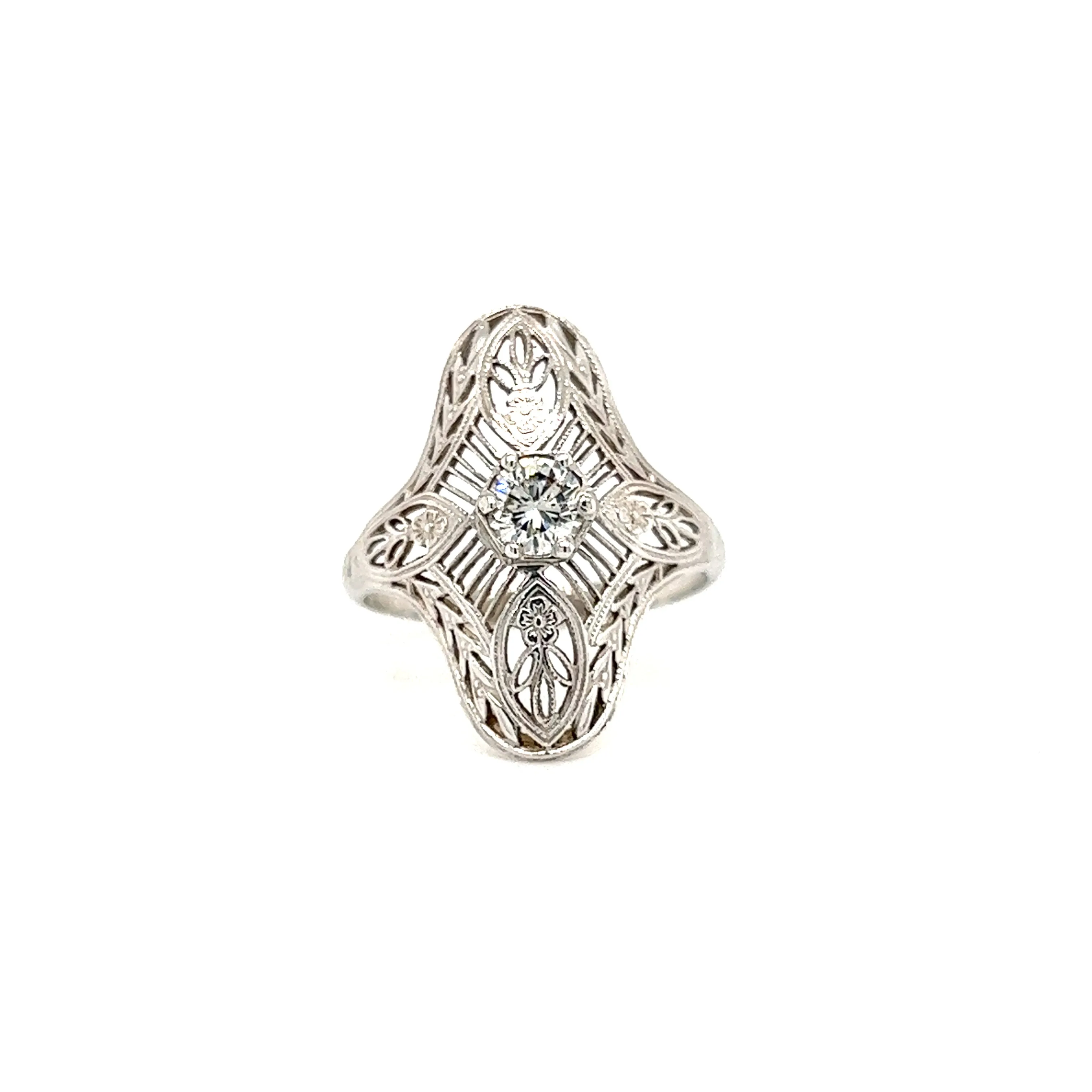 Round Diamond Ring with Filigree and Milgrain in 14K White Gold