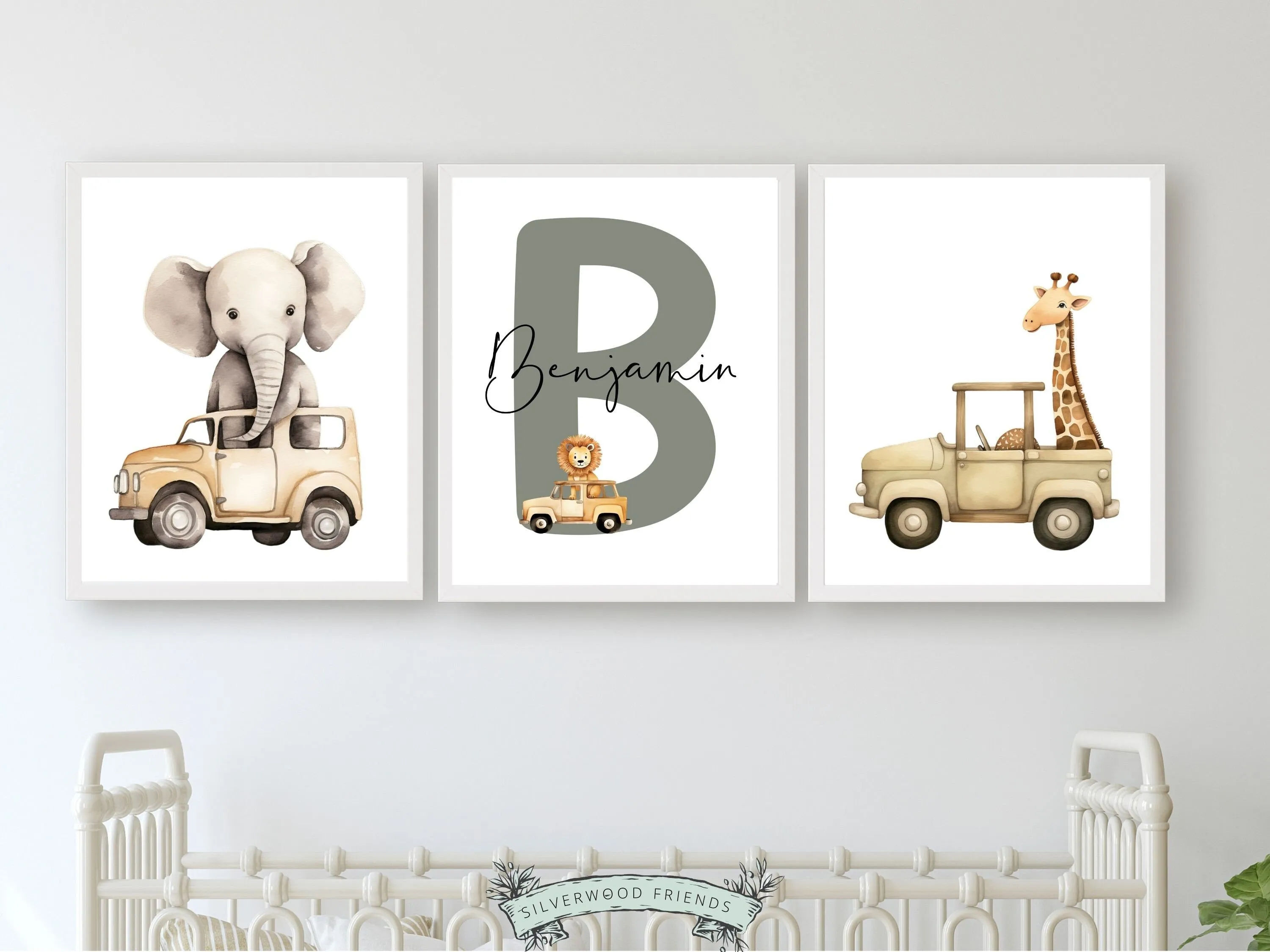 Safari Animal Car Nursery Prints - Set 2 - Personalised