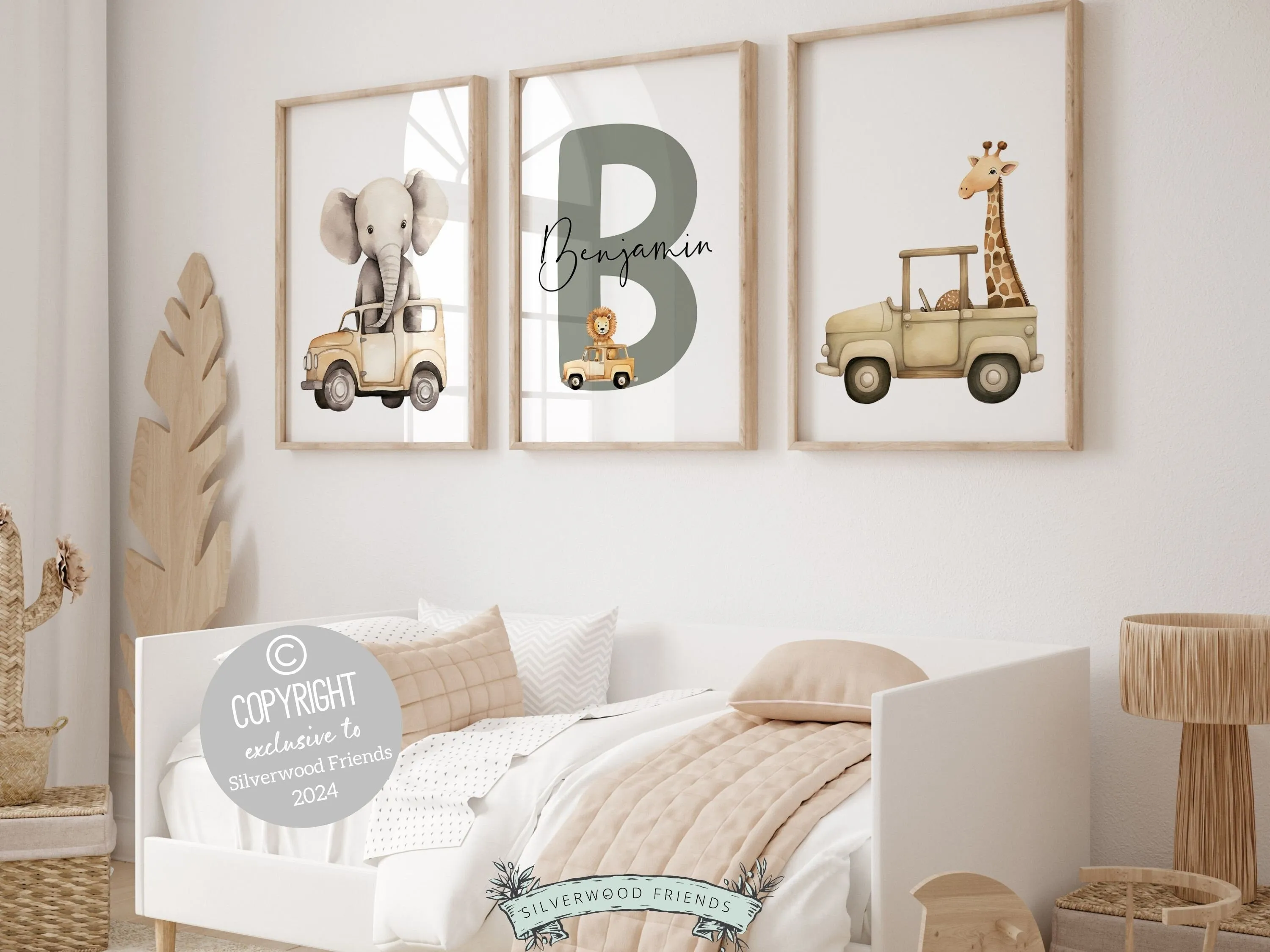 Safari Animal Car Nursery Prints - Set 2 - Personalised