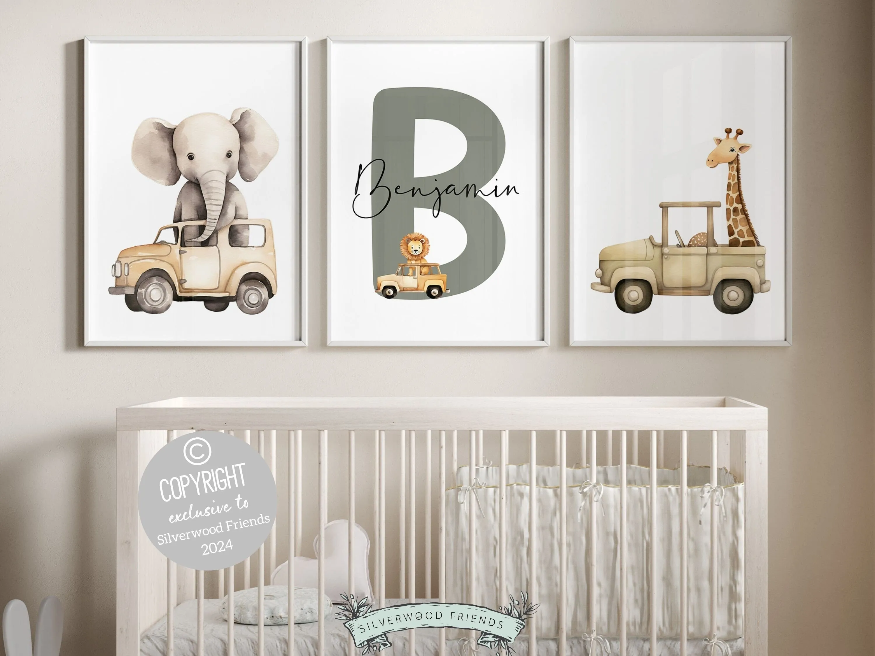 Safari Animal Car Nursery Prints - Set 2 - Personalised