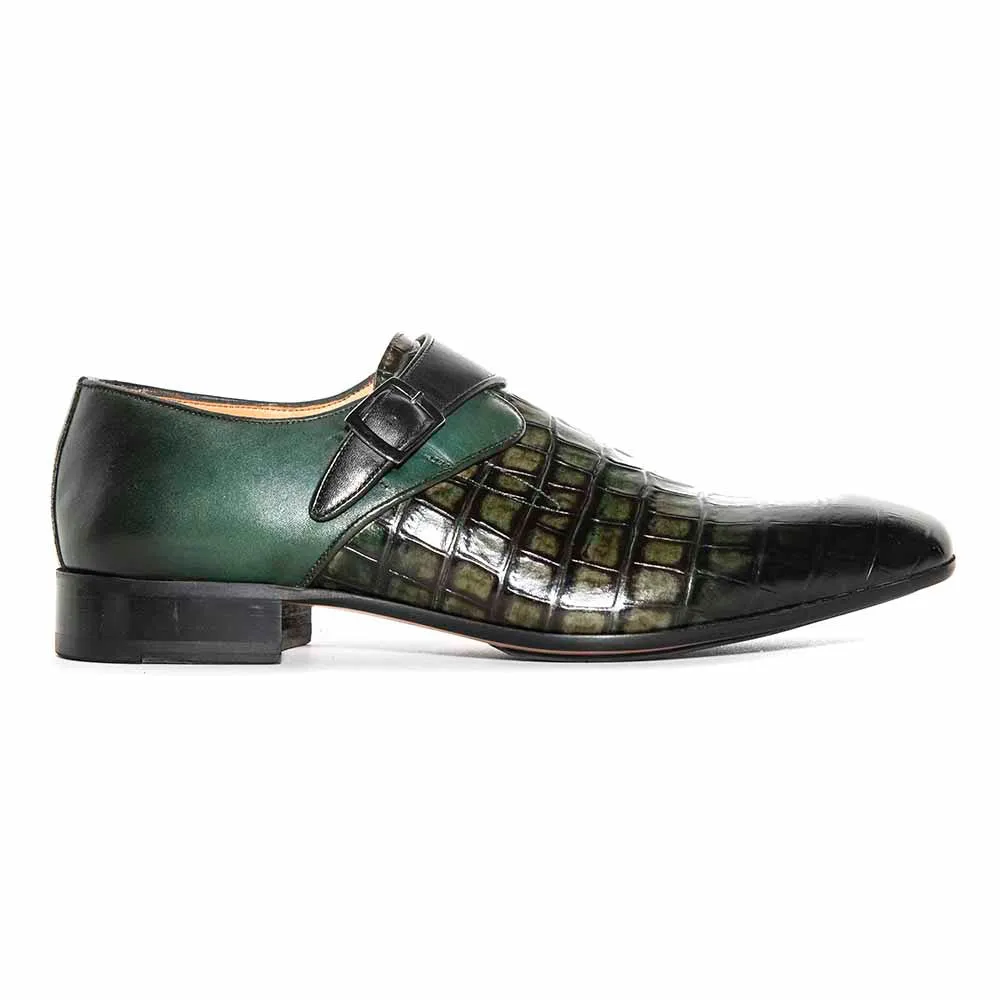 SIGOTTO Uomo Green Crocodile Print Leather Buckle Dress Shoes