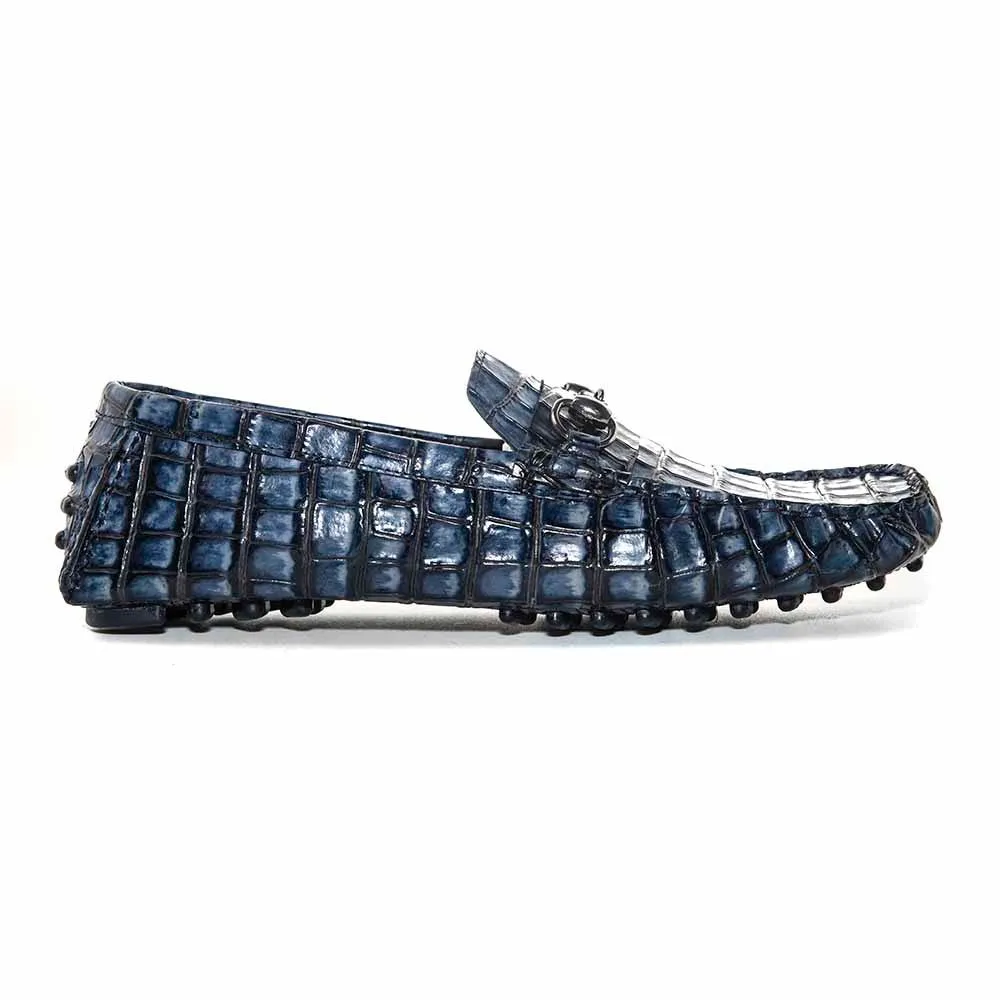 SIGOTTO UOMO Navy Blue Italian Leather Crocodile Print Bit Moccasin