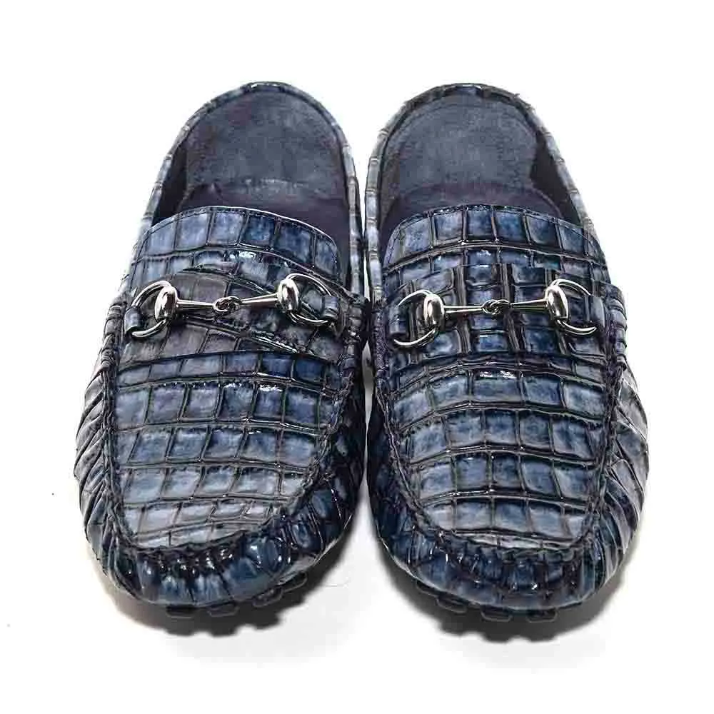 SIGOTTO UOMO Navy Blue Italian Leather Crocodile Print Bit Moccasin