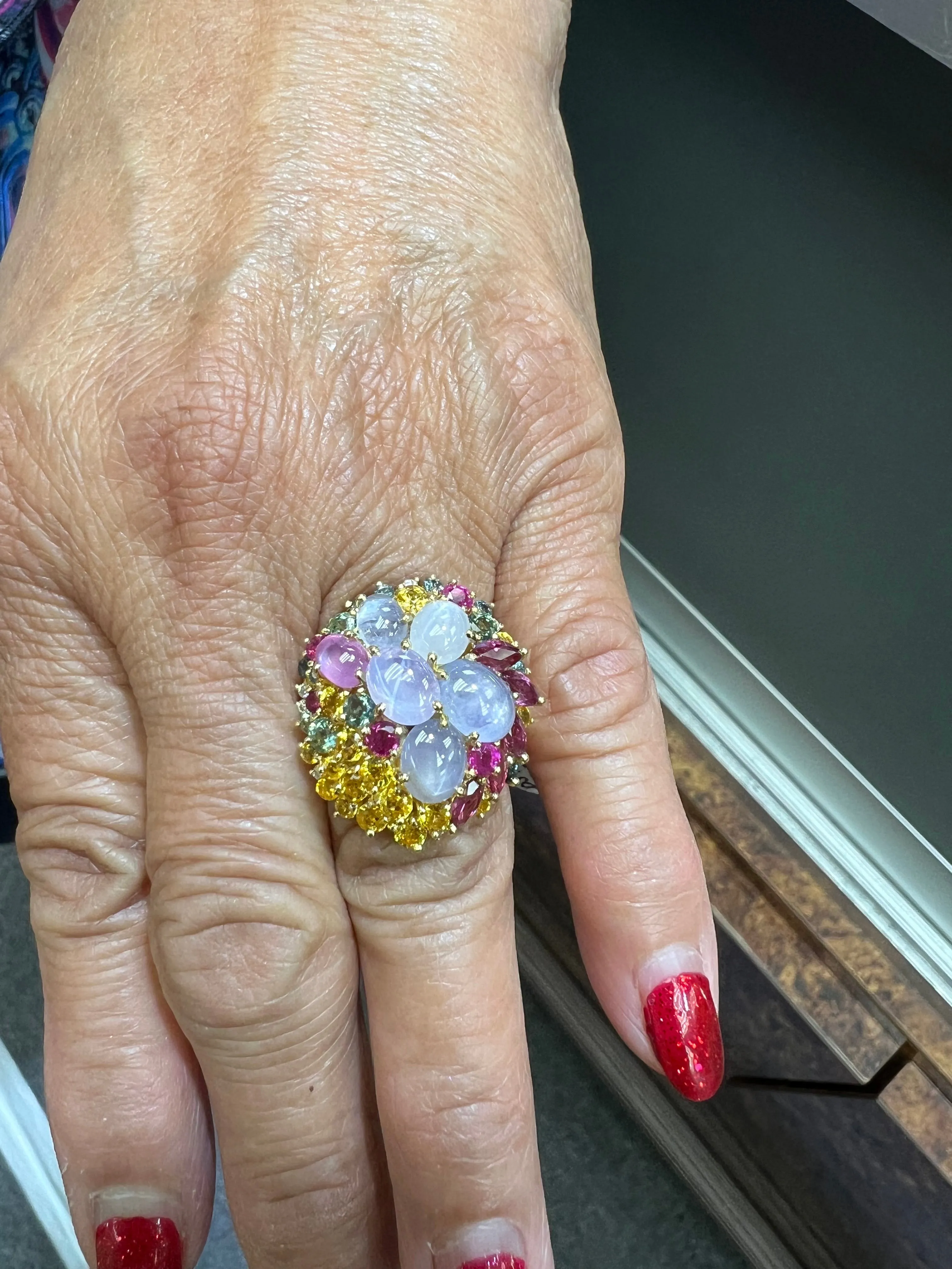 Star Sapphires and Multi Colored Sapphires Diamond Yellow Gold Cocktail Ring