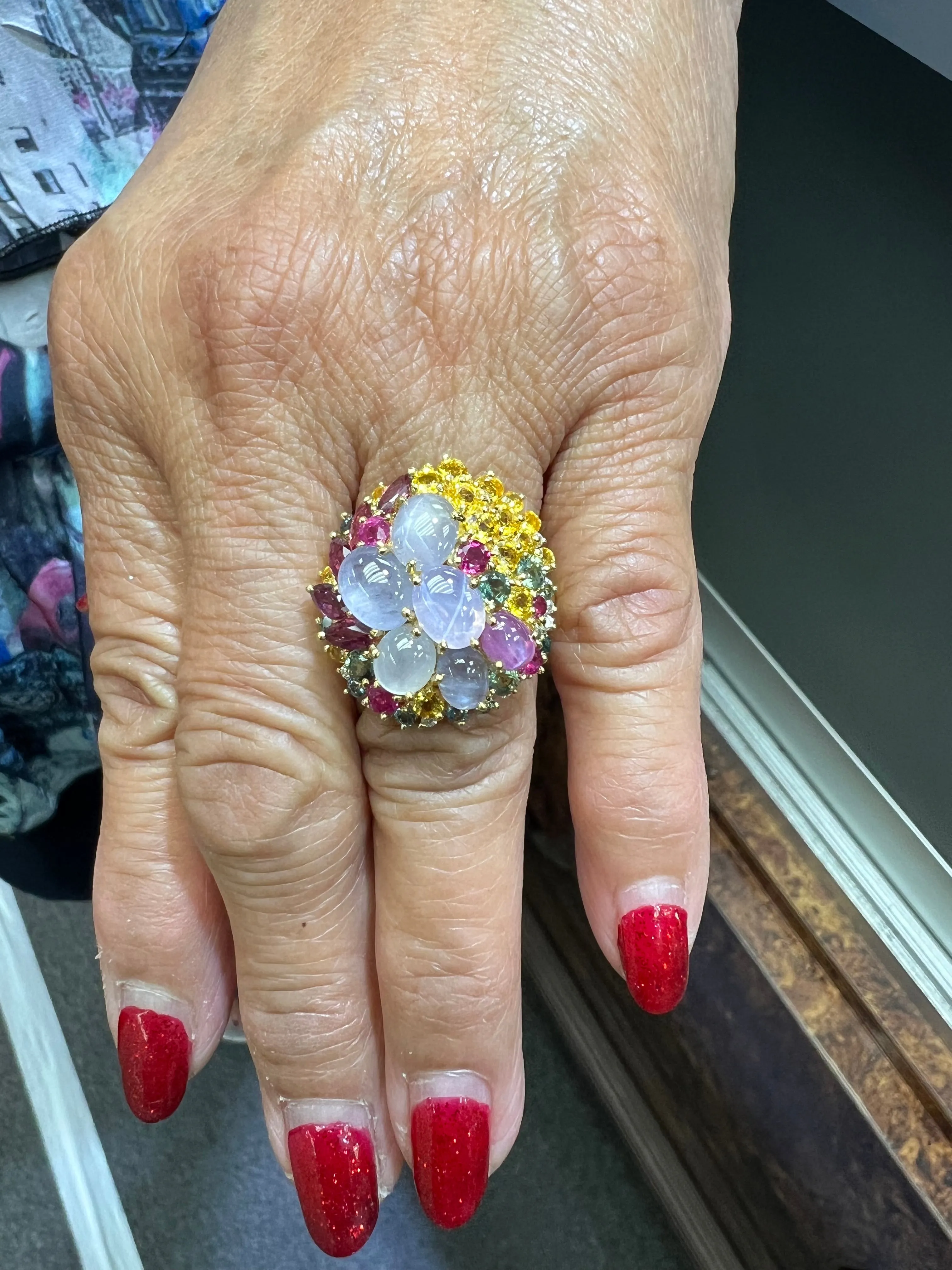 Star Sapphires and Multi Colored Sapphires Diamond Yellow Gold Cocktail Ring