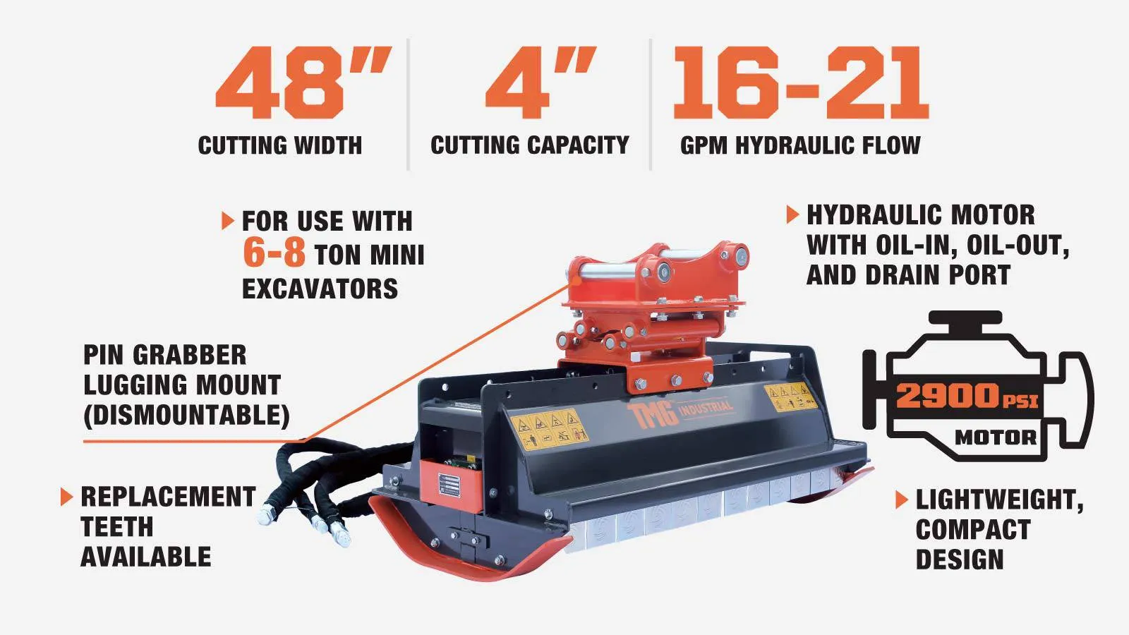 TMG Industrial 48" Excavator Brush Flail Mower, 6 to 8-ton Carrier, 16-21 GPM, TMG-EFM48