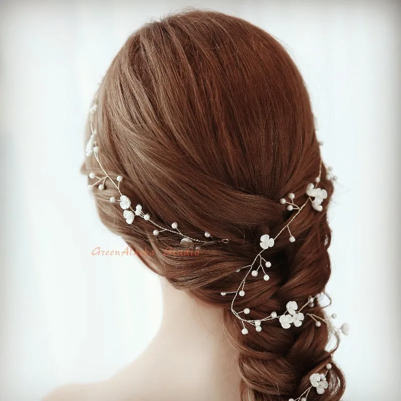 V120. boho white florets hair vine for wedding, bridal hairpiece.