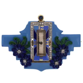 Vintage 14K Yellow Gold Art Deco 1920s Enamel Diamond and Sapphire Pin/Watch Brooch