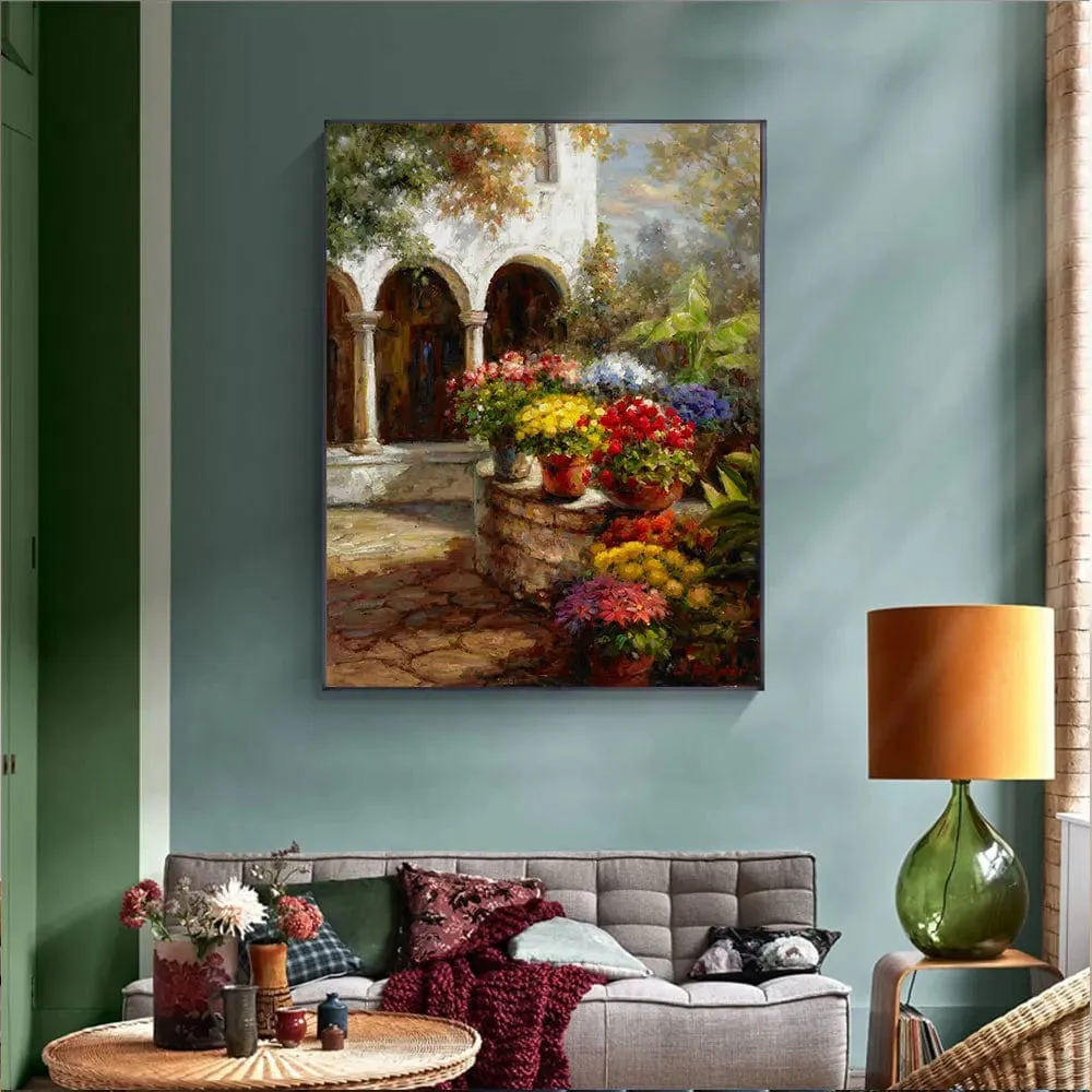 Vintage Town Garden Landscape Flower Oil Painting Print On Canvas Nordic Wall Art