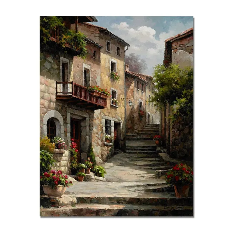 Vintage Town Garden Landscape Flower Oil Painting Print On Canvas Nordic Wall Art