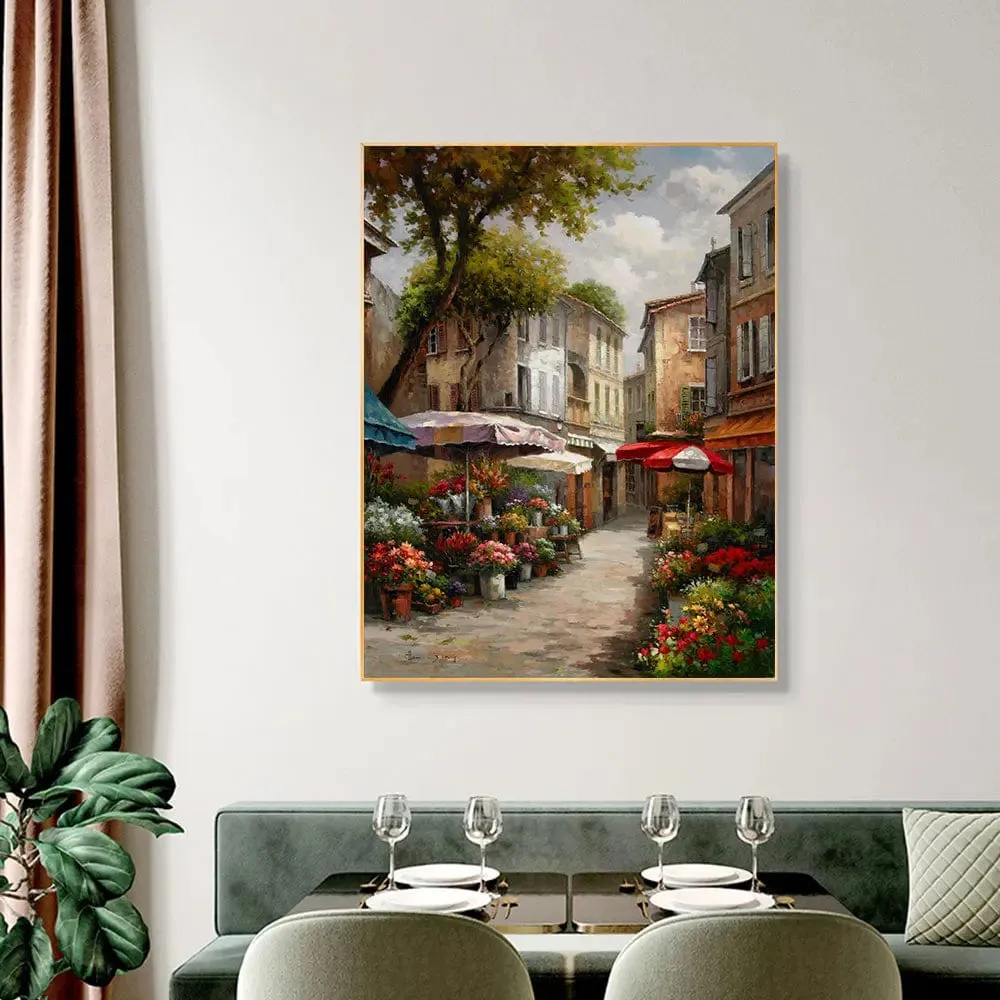 Vintage Town Garden Landscape Flower Oil Painting Print On Canvas Nordic Wall Art