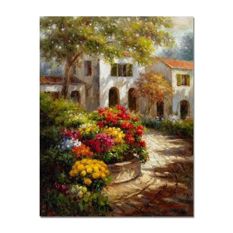 Vintage Town Garden Landscape Flower Oil Painting Print On Canvas Nordic Wall Art