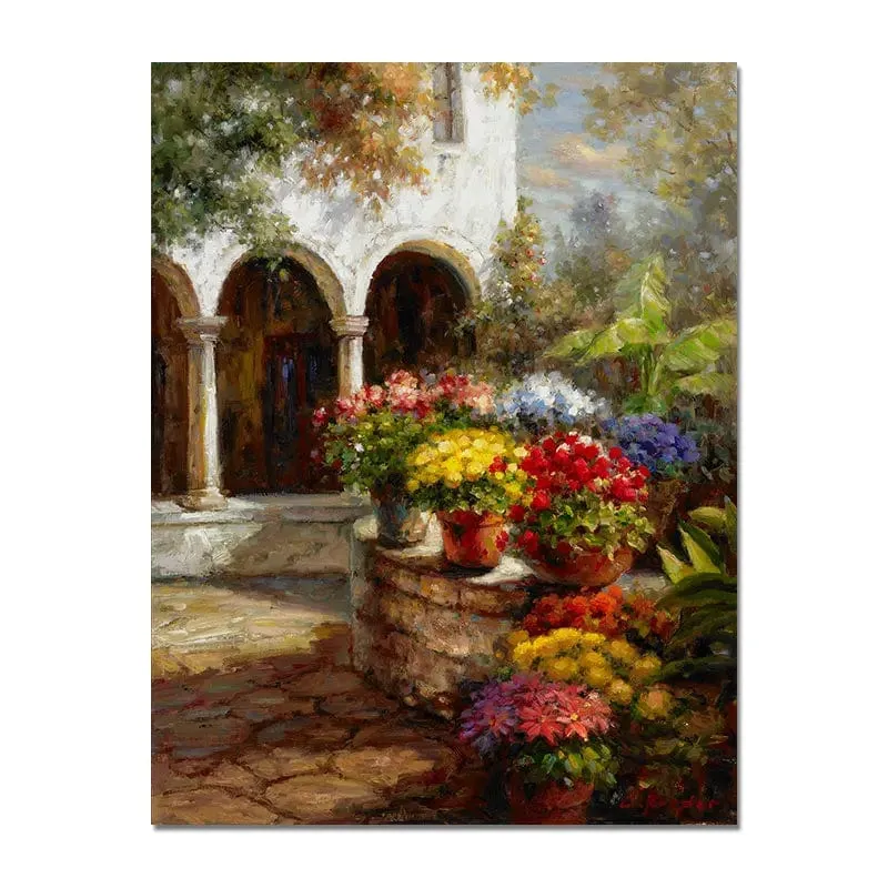 Vintage Town Garden Landscape Flower Oil Painting Print On Canvas Nordic Wall Art