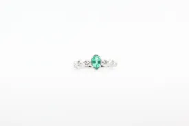 White Gold Oval Emerald and Diamond Ring with Milgrain Band